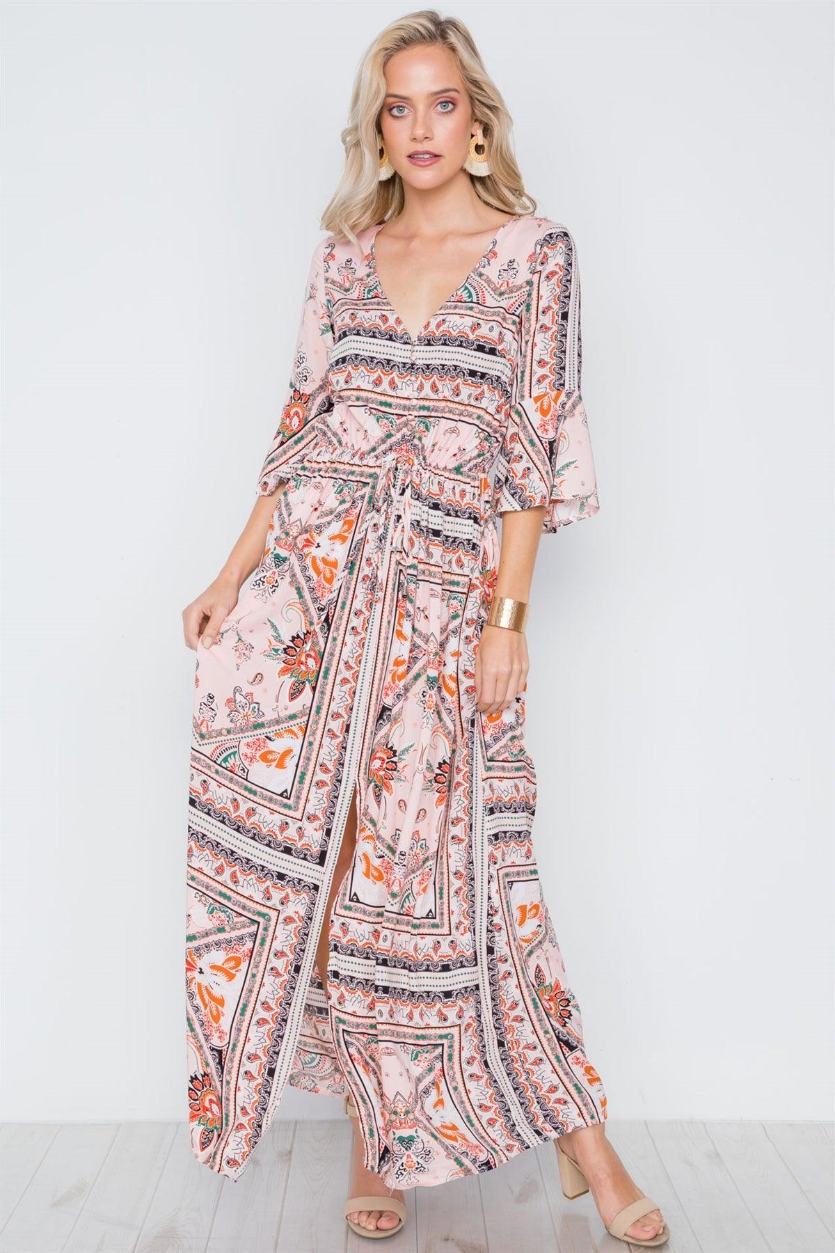 Pink Multi Print Front Slit Bell Sleeve Maxi Boho Dress /1-1-2-1-1