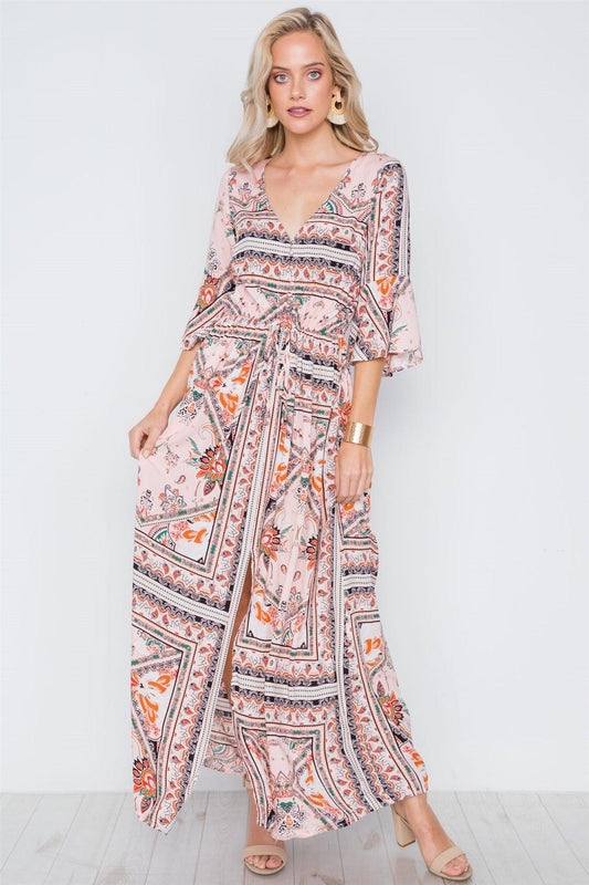 Pink Multi Print Front Slit Bell Sleeve Maxi Boho Dress /1-2-2-2-1