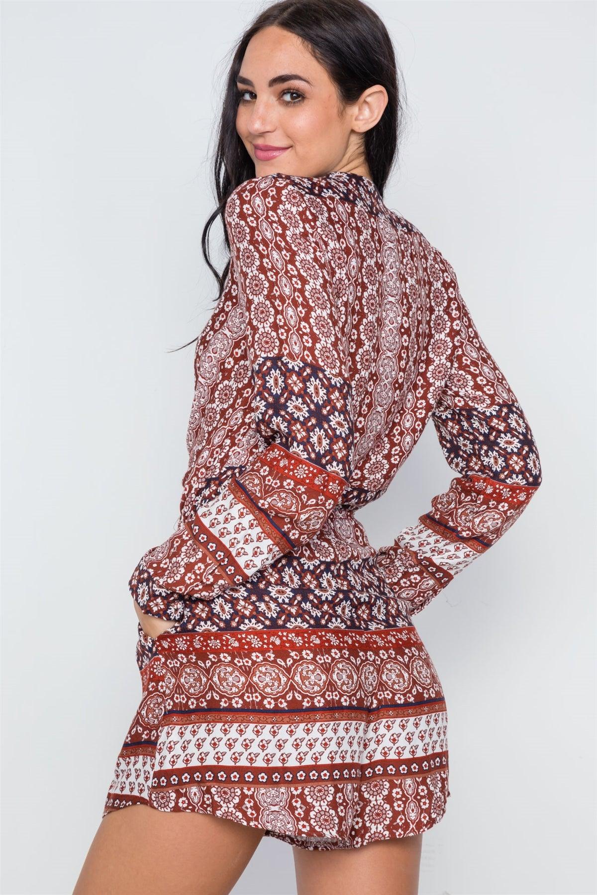 Brown Surplice Long Sleeve Boho Romper /1-2-1