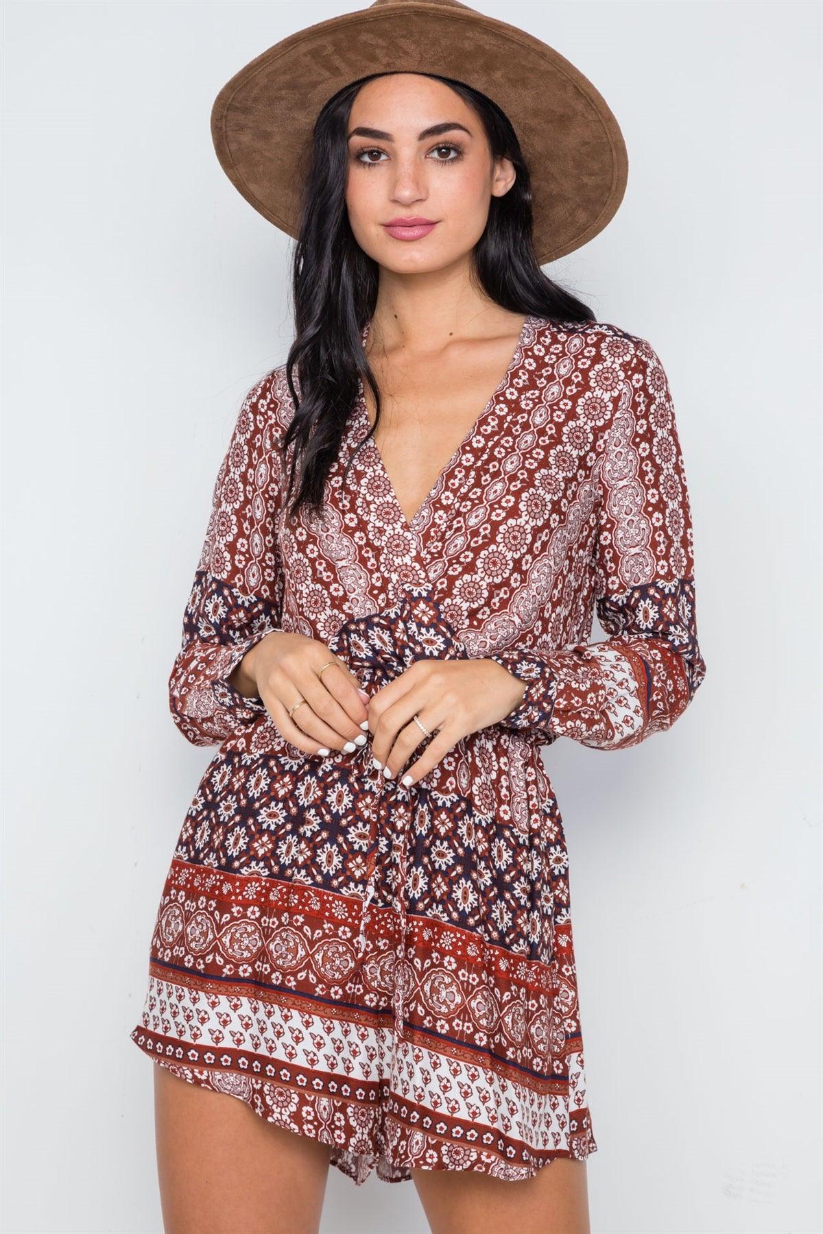 Brown Surplice Long Sleeve Boho Romper /1-2-1