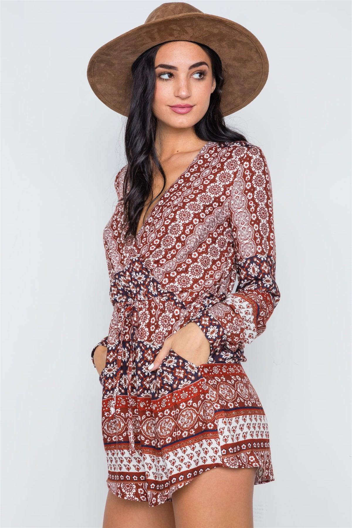 Brown Surplice Long Sleeve Boho Romper /1-3-2-1