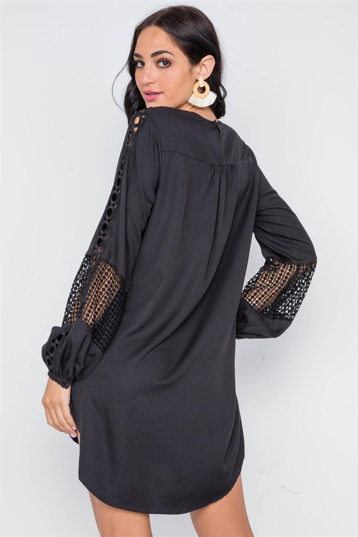 Black Crochet Trim Long Sleeve Tunic Dress /3-2-1