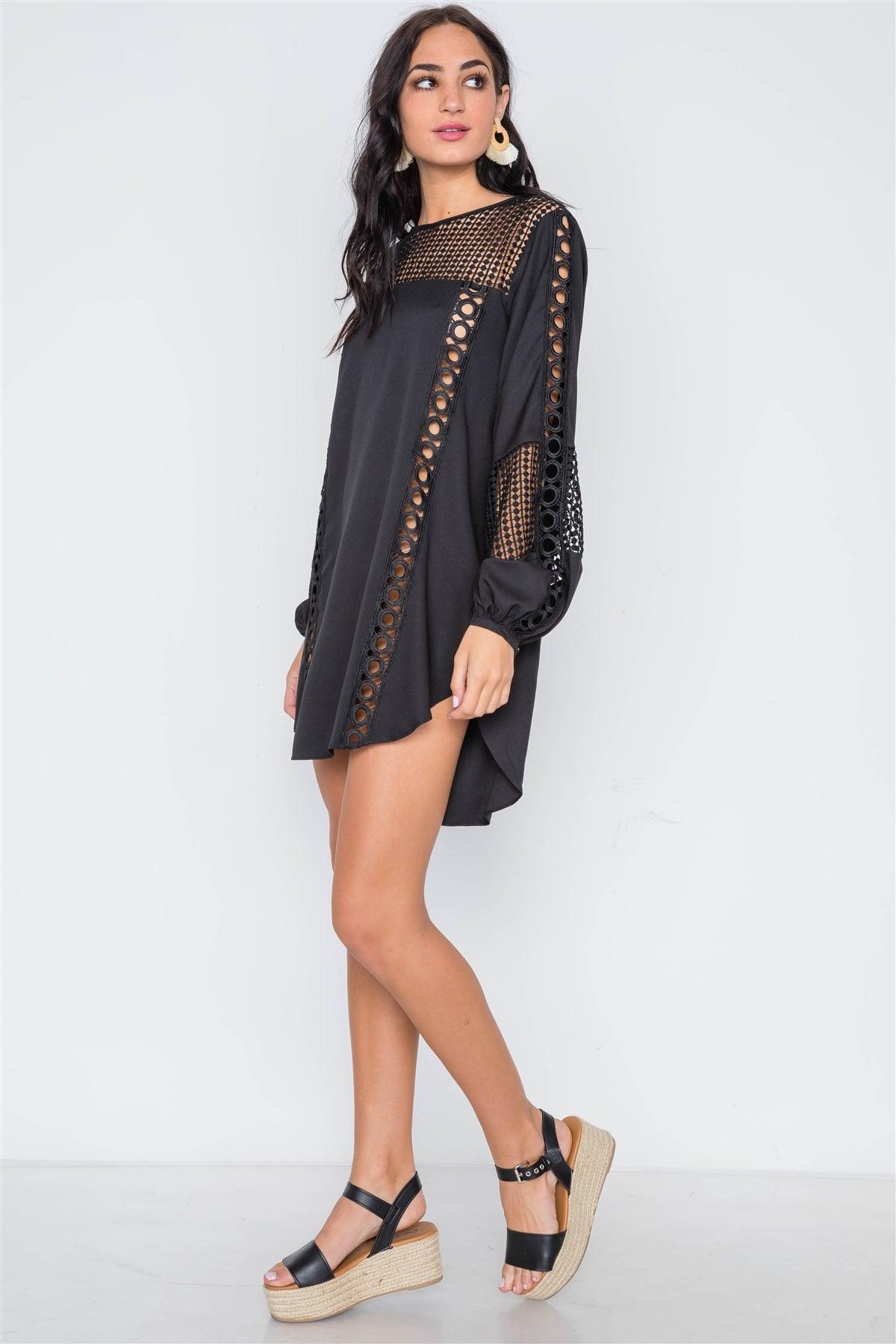 Black Crochet Trim Long Sleeve Tunic Dress /3-2-1