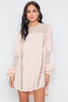 Nude Pink Crochet Trim Long Sleeve Tunic Dress /3-2-1