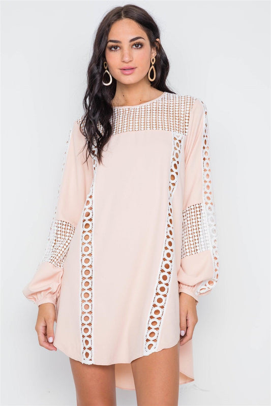 Nude Pink Crochet Trim Long Sleeve Tunic Dress /3-2-1