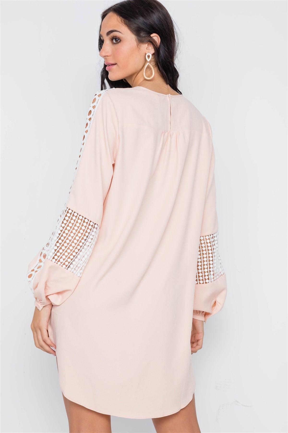 Nude Pink Crochet Trim Long Sleeve Tunic Dress /3-2-1