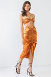 Copper Satin Bow Crop Top & High Waist Ruched Midi Skirt With Criss-Cross Strap Set /4-2-1