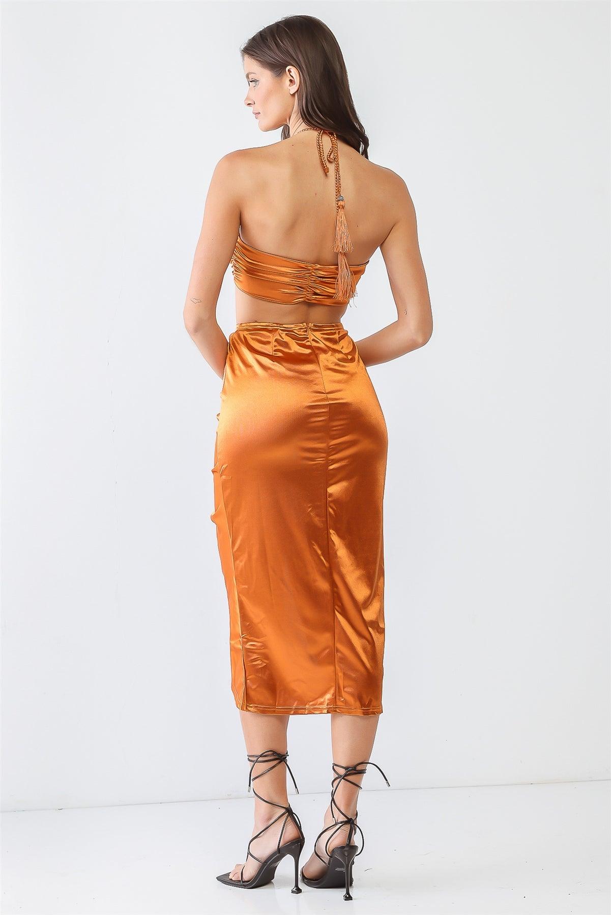 Copper Satin Bow Crop Top & High Waist Ruched Midi Skirt With Criss-Cross Strap Set /4-2-1