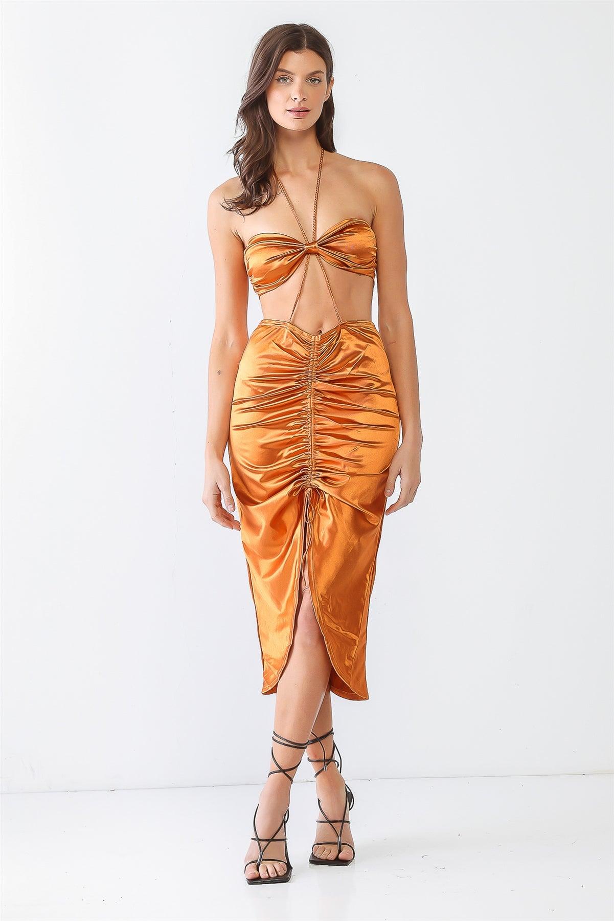 Copper Satin Bow Crop Top & High Waist Ruched Midi Skirt With Criss-Cross Strap Set /4-2-1