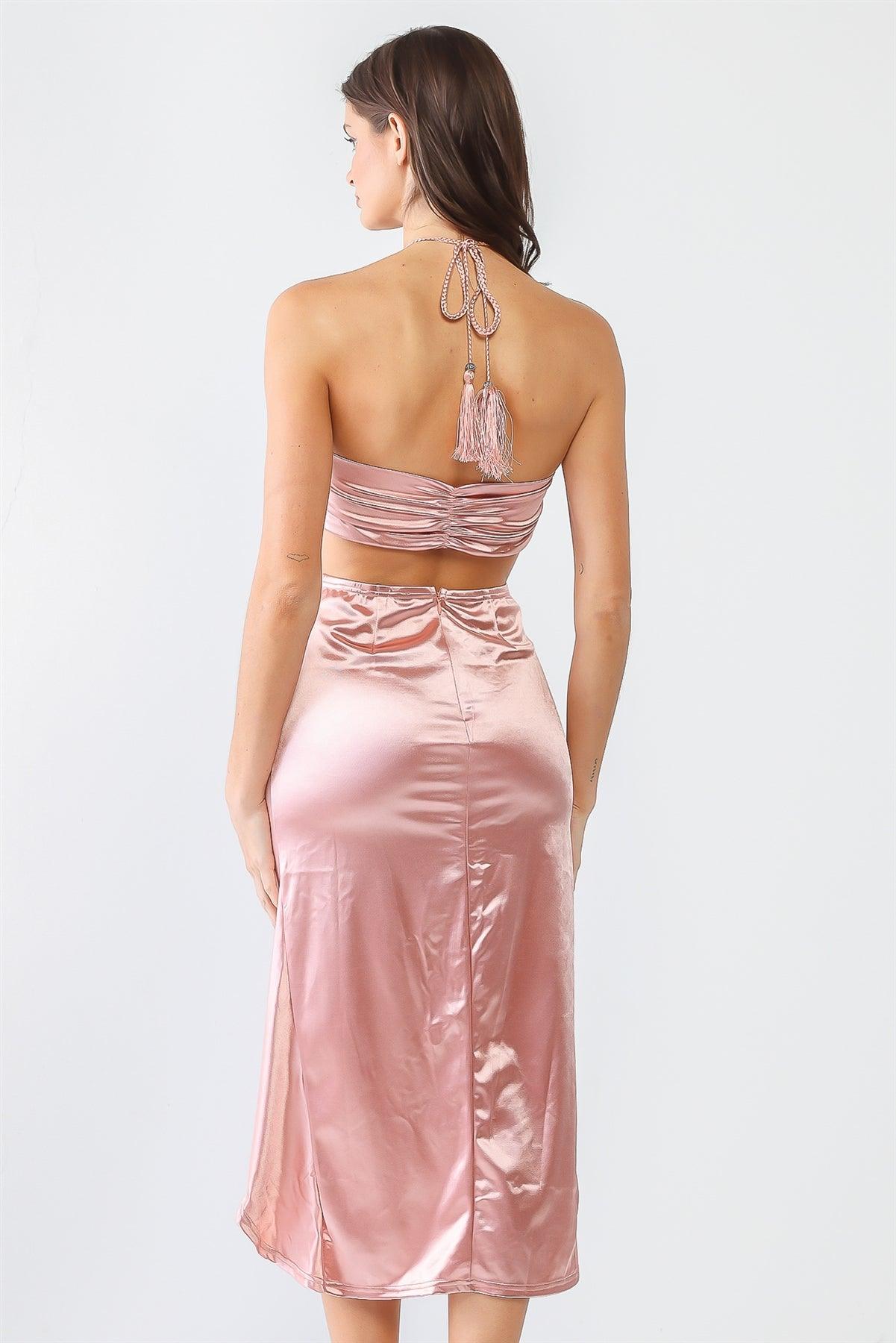 Pink Satin Bow Crop Top & High Waist Ruched Midi Skirt With Criss-Cross Strap Set /4-2-1