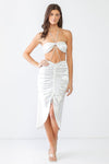 White Satin Bow Crop Top & High Waist Ruched Midi Skirt With Criss-Cross Strap Set /3-2-1