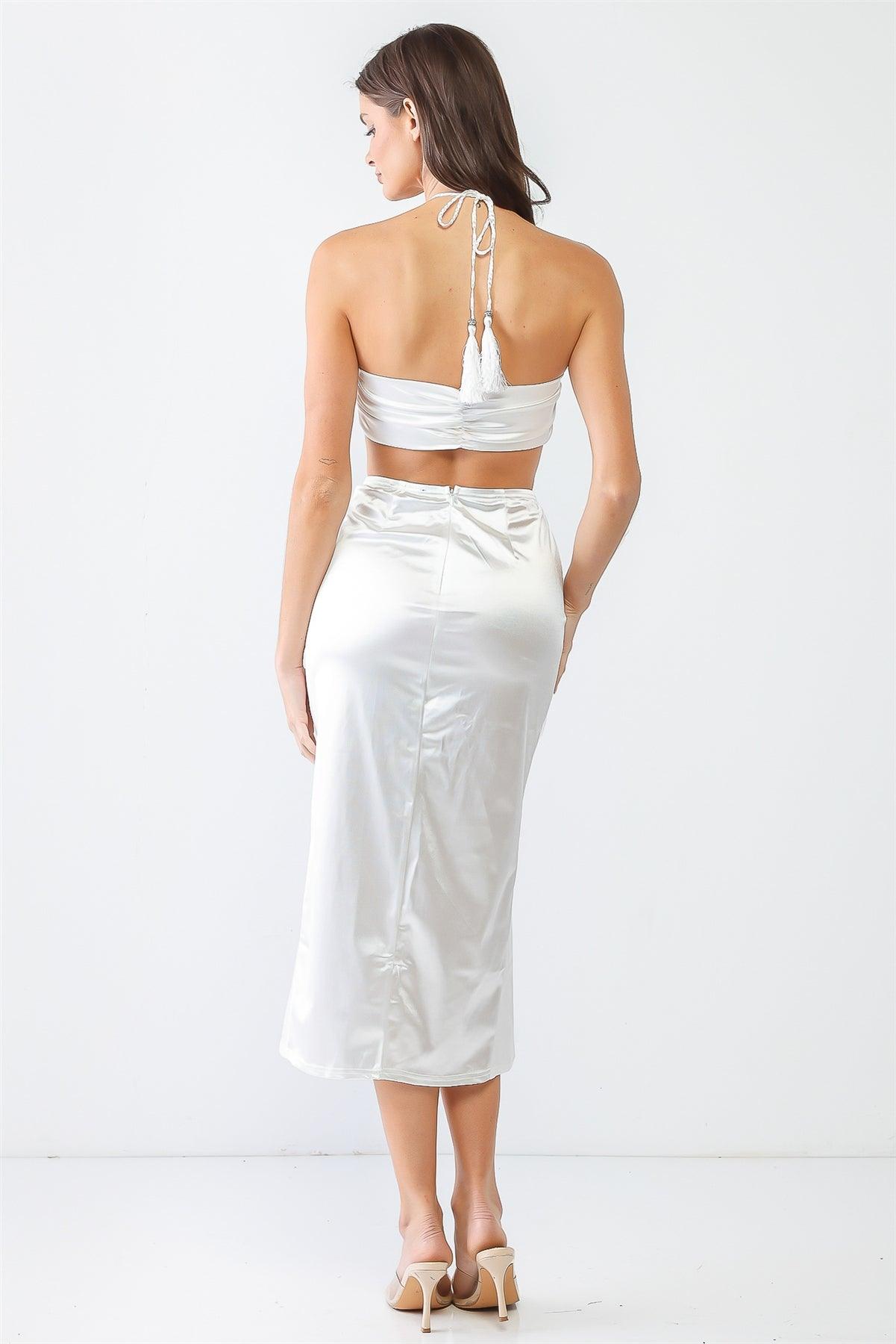 White Satin Bow Crop Top & High Waist Ruched Midi Skirt With Criss-Cross Strap Set /3-2-1