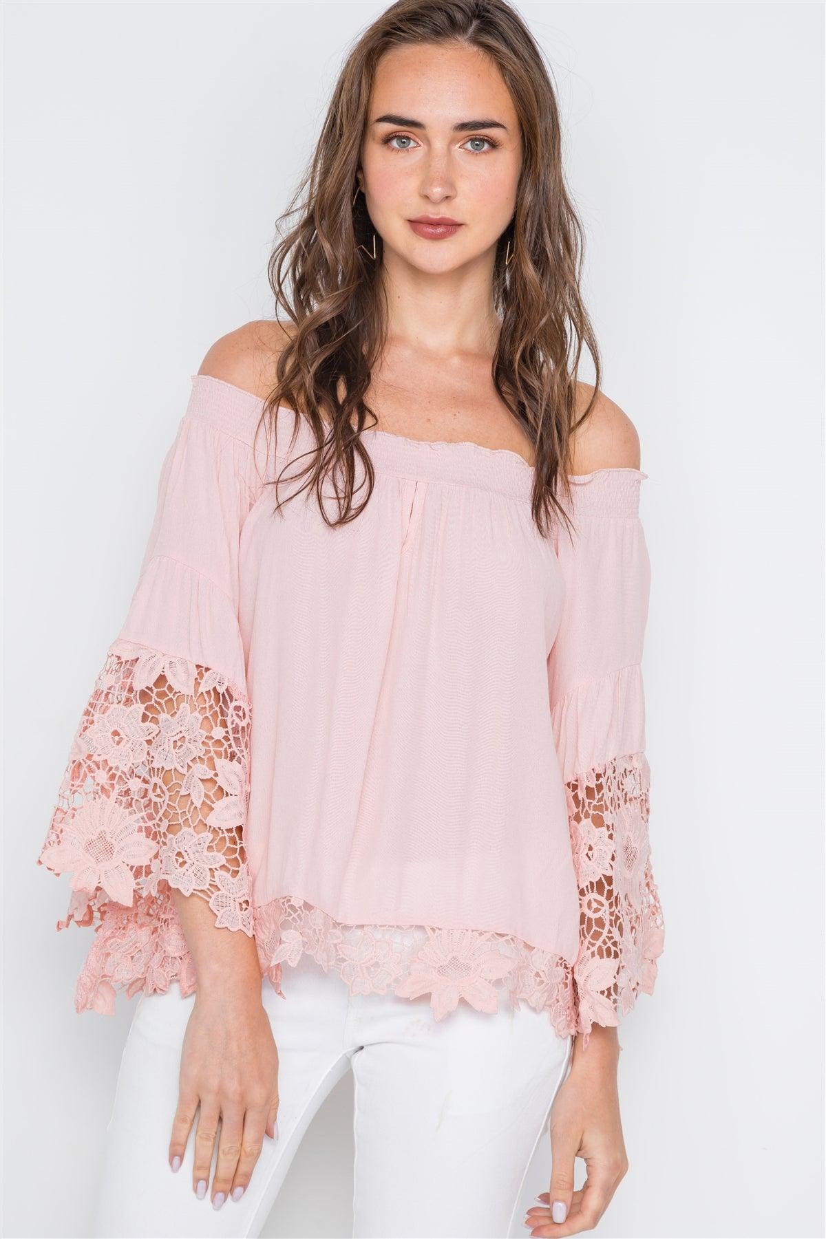 Pink Off-The Shoulder Crochet Bell Sleeve Top /2-2-2