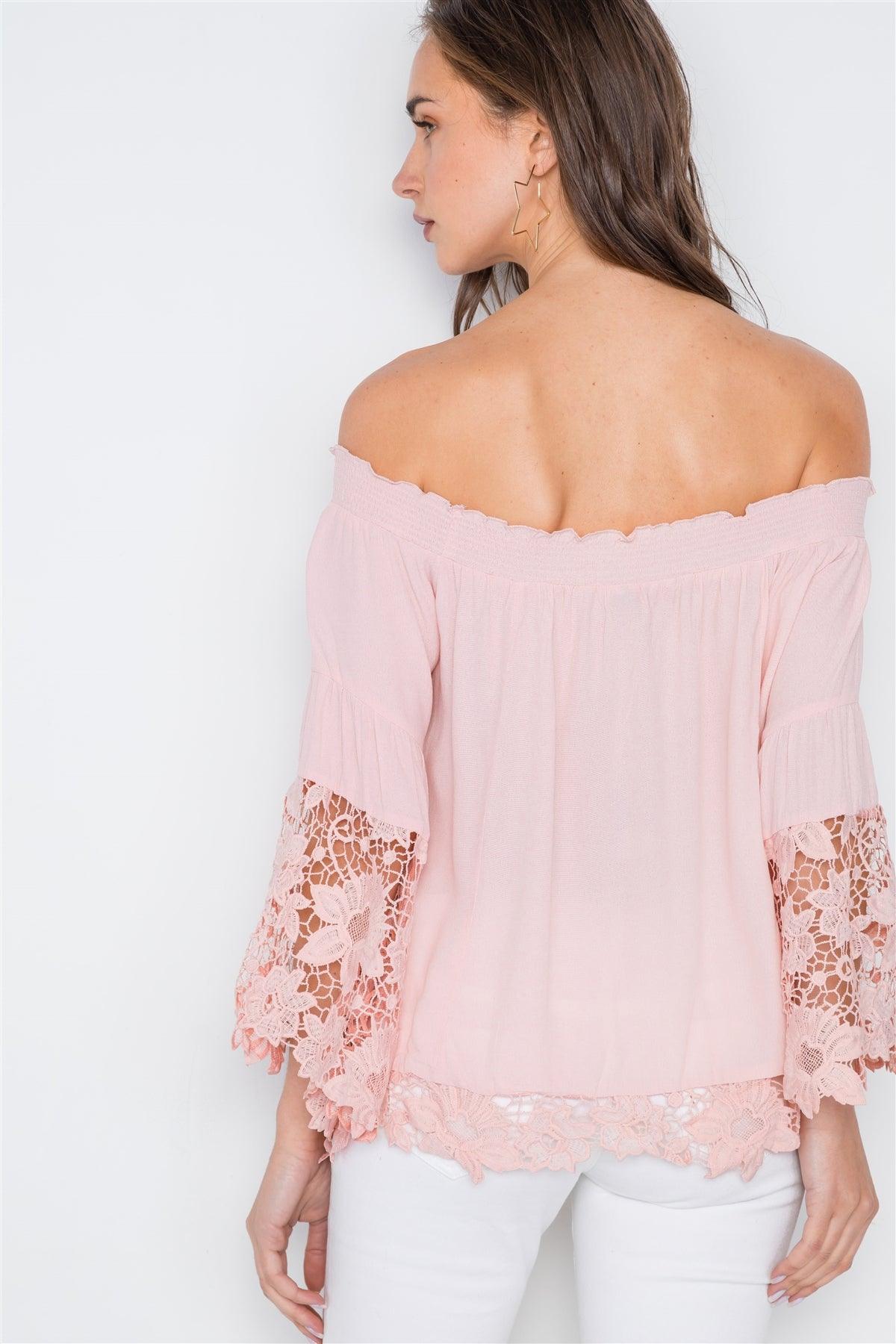 Pink Off-The Shoulder Crochet Bell Sleeve Top /2-2-2