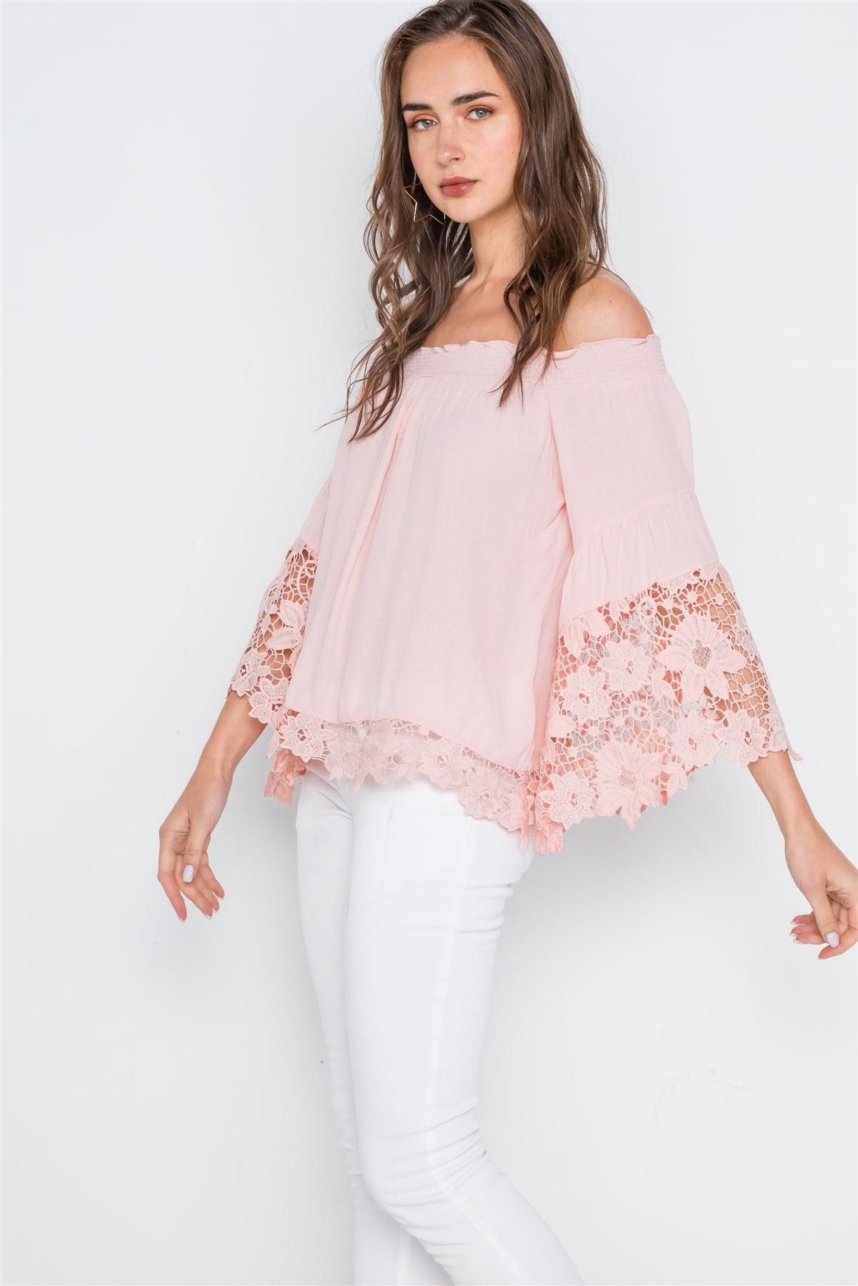 Pink Off-The Shoulder Crochet Bell Sleeve Top /2-2-2