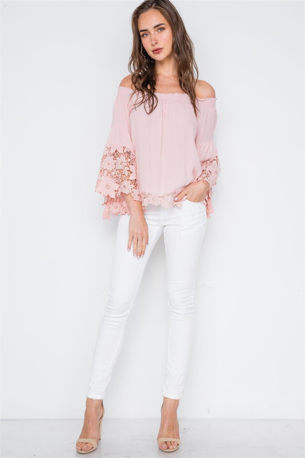 Pink Off-The Shoulder Crochet Bell Sleeve Top /2-2-2