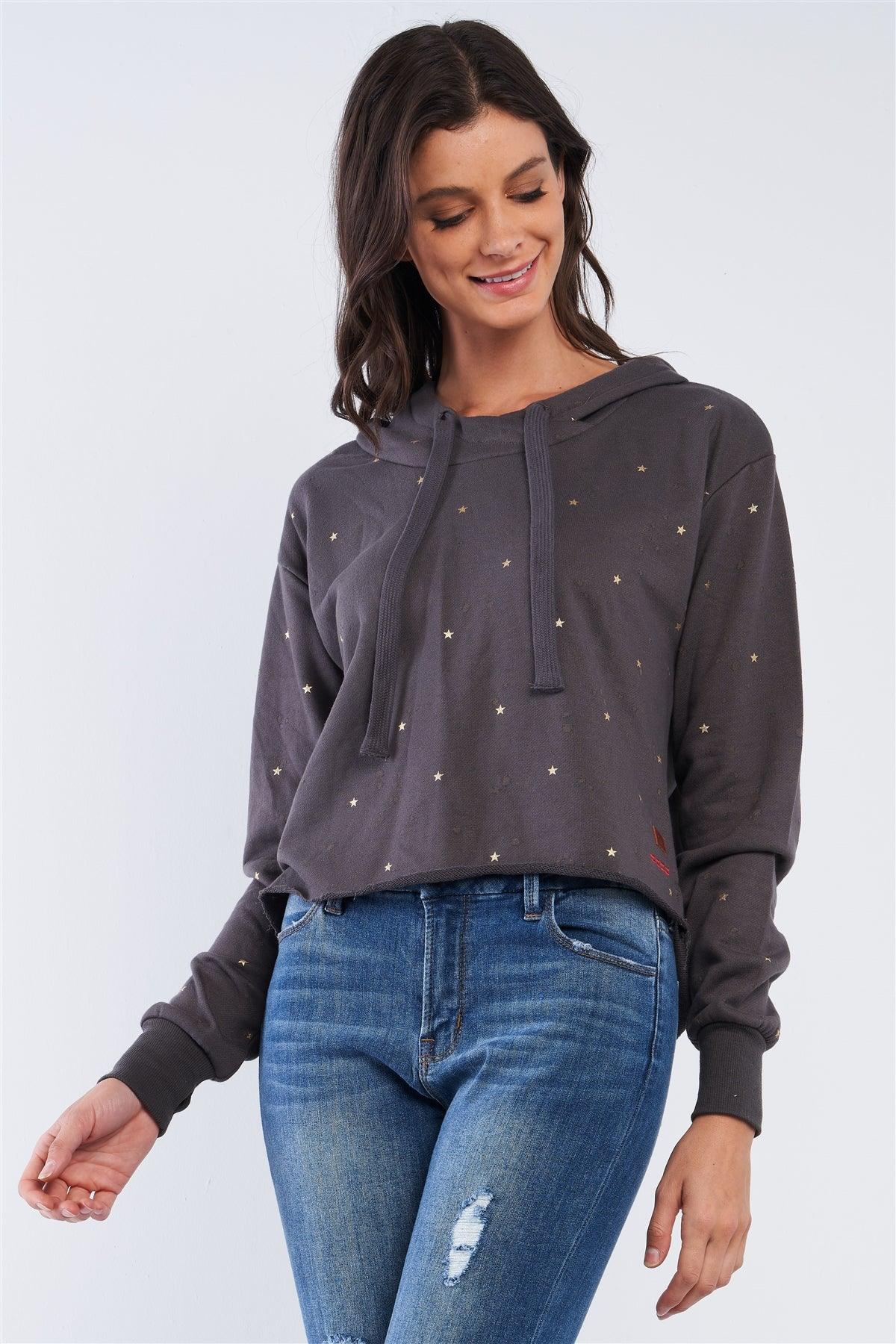 Starlight Charcoal Grey Long Sleeve Star Print Hi-Lo Burnout Hoodie /1-3-3-1