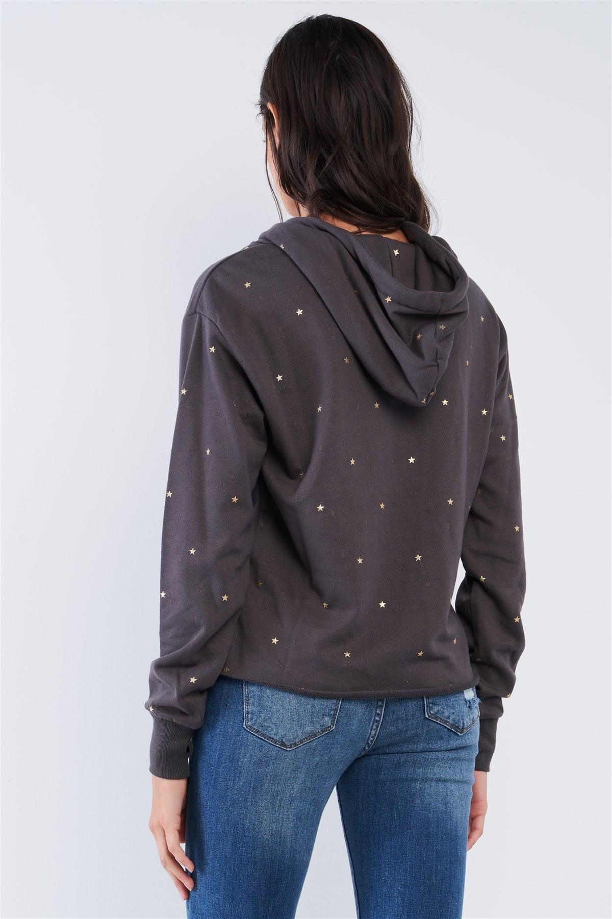 Starlight Charcoal Grey Long Sleeve Star Print Hi-Lo Burnout Hoodie /1-3-3-1