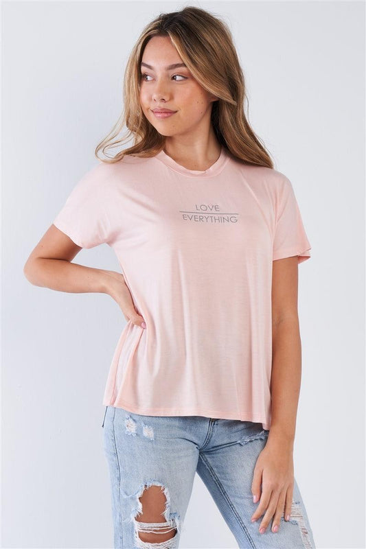 Pale Blush Casual Short Sleeve "LOVE EVERYTHING" Crew Neck Top