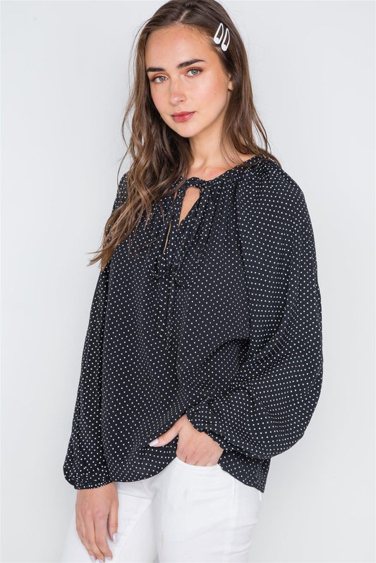 Polka Dot Black White Long Sleeve Self Tie Top /2-2-2