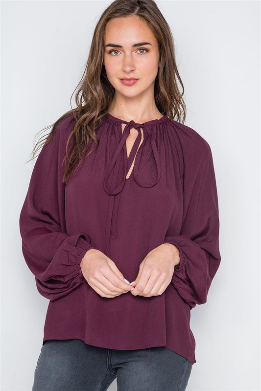 Burgundy Solid Long Sleeve Self Tie Top /2-2-2