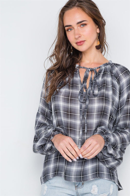 Plaid Black White Long Sleeve Self Tie Top /2-2-2