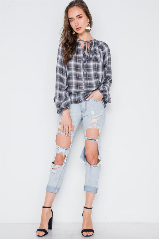 Plaid Black White Long Sleeve Self Tie Top /1-2-3