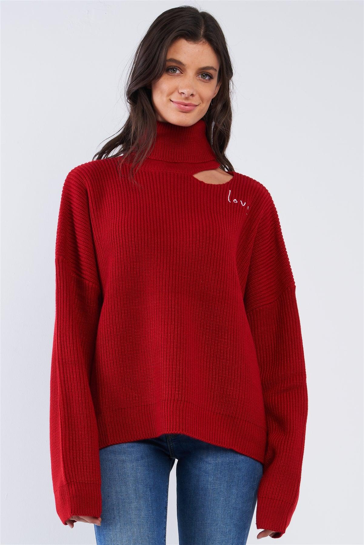 Fire Red "LOVE" Graphic Oversized Dolman Sleeve Shoulder Cutout Loose Fit Turtleneck Sweater /2-2-2-1 - Tasha Apparel Wholesale