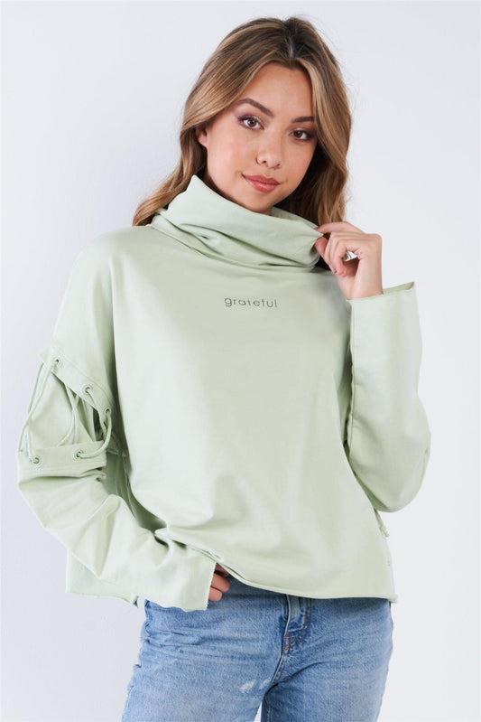 Mint Turtleneck Lace Up Batwing Sleeve "GRATEFUL" Loose Fit Sweater