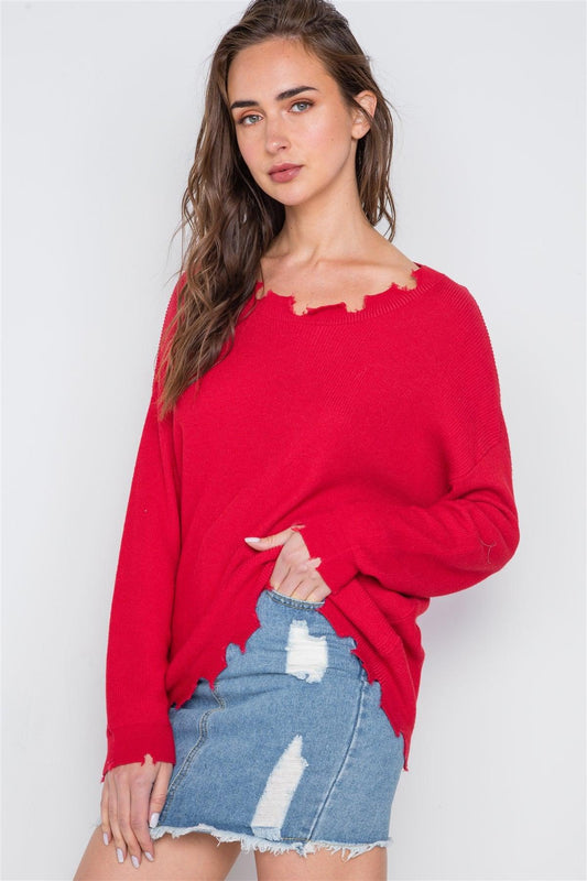 Tomato Red Distressed Pullover lightweight sweater / 3-2-1