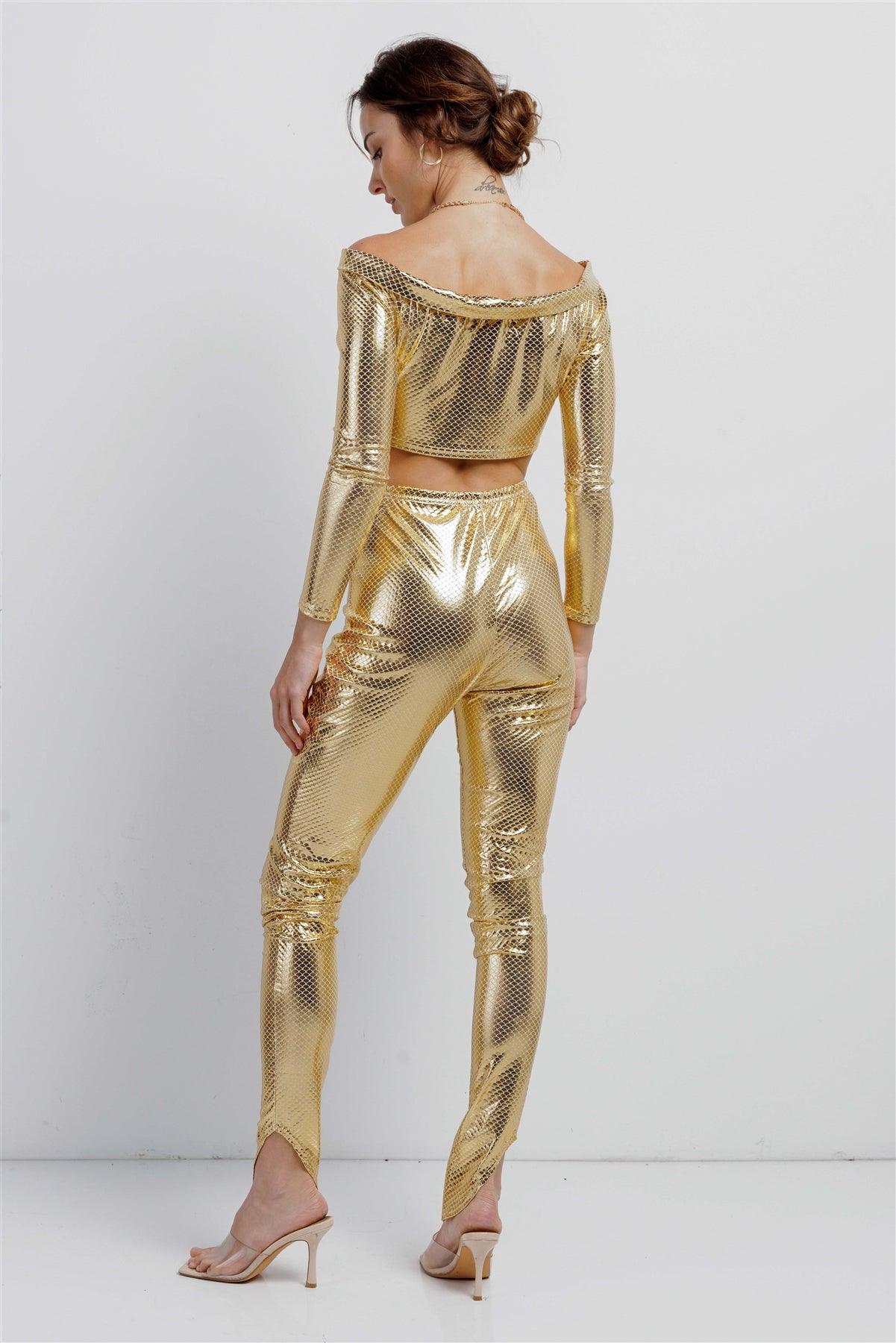 Metallic Gold Small Scales Print Long Sleeve Off-The-Shoulder Cropped Top And High Waist Slim Fit Legging Set /3-2-1