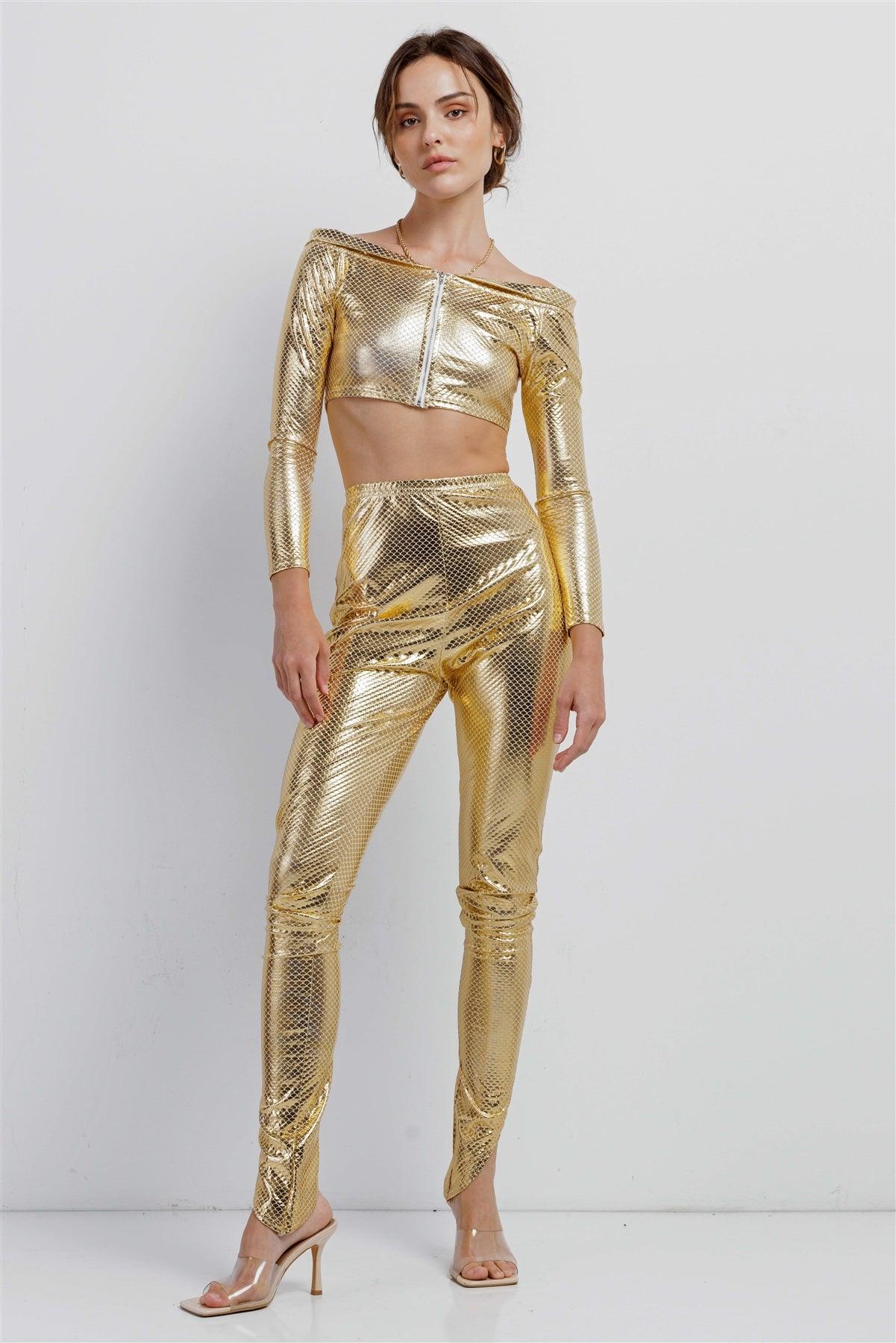 Metallic Gold Small Scales Print Long Sleeve Off-The-Shoulder Cropped Top And High Waist Slim Fit Legging Set /3-2-1