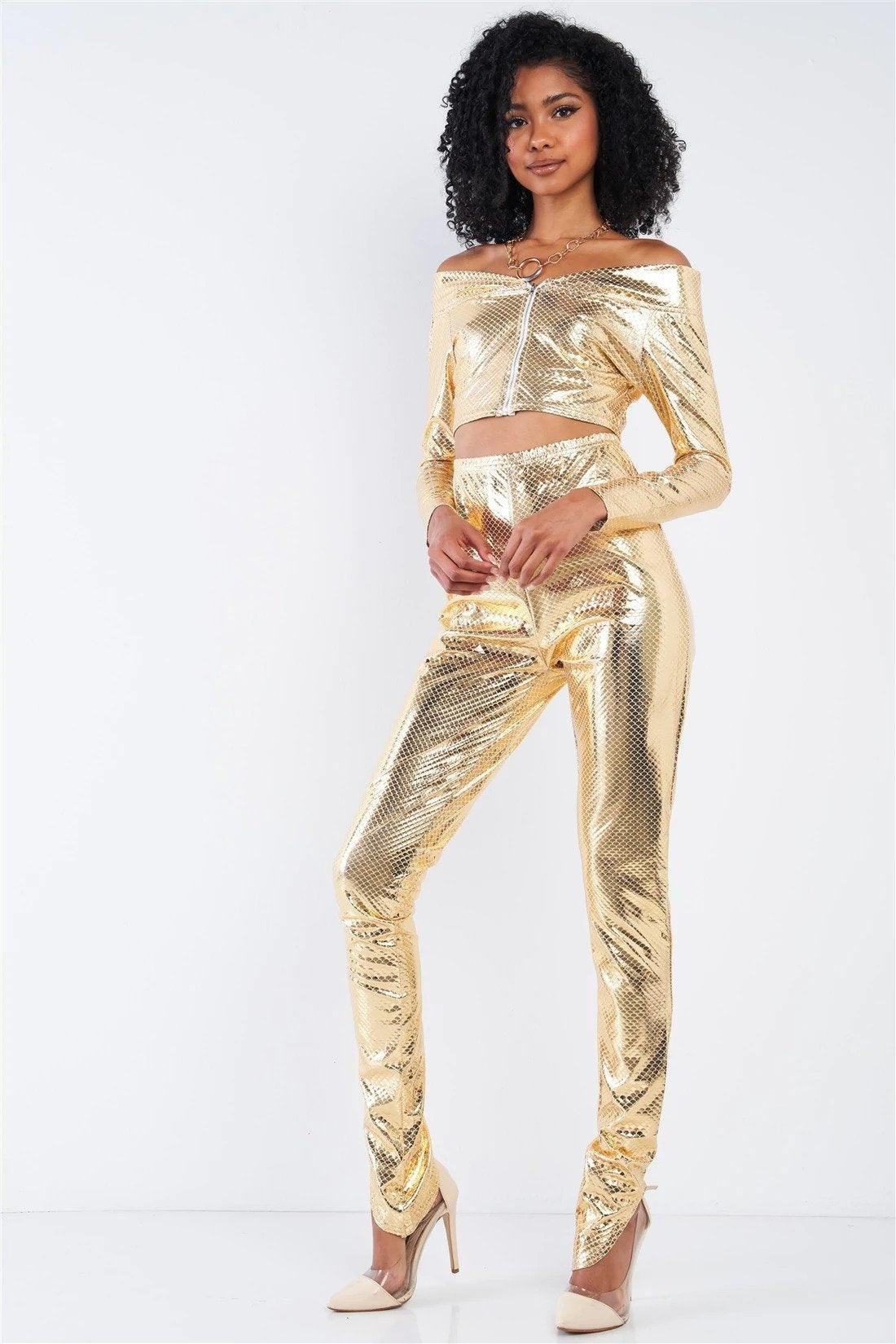 Metallic Gold Small Scales Print Long Sleeve Off-The-Shoulder Cropped Top And High Waist Slim Fit Legging Set /3-2-1