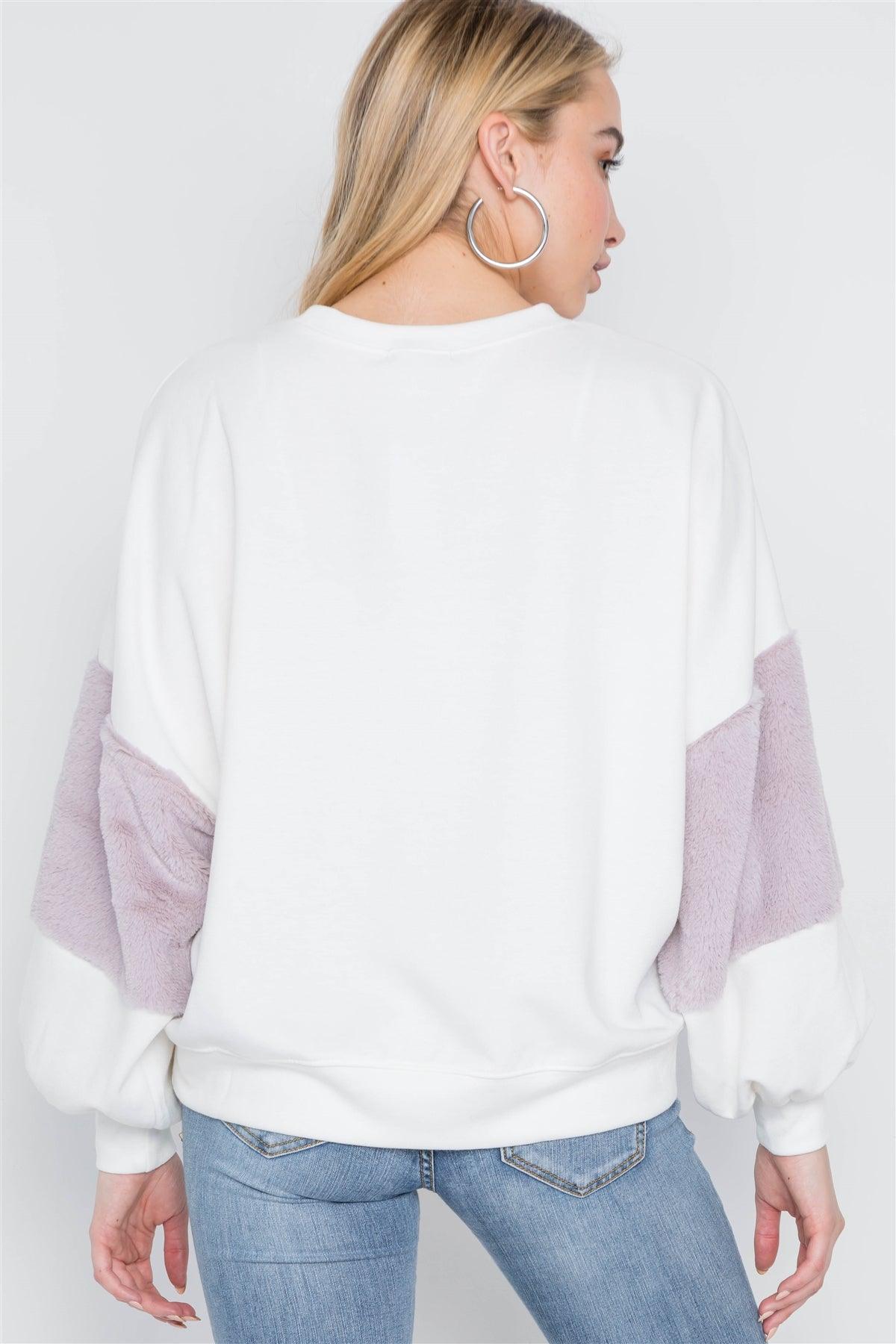 Off White Lavender Faux Fur Pink Sleeves Sweater /2-2-2