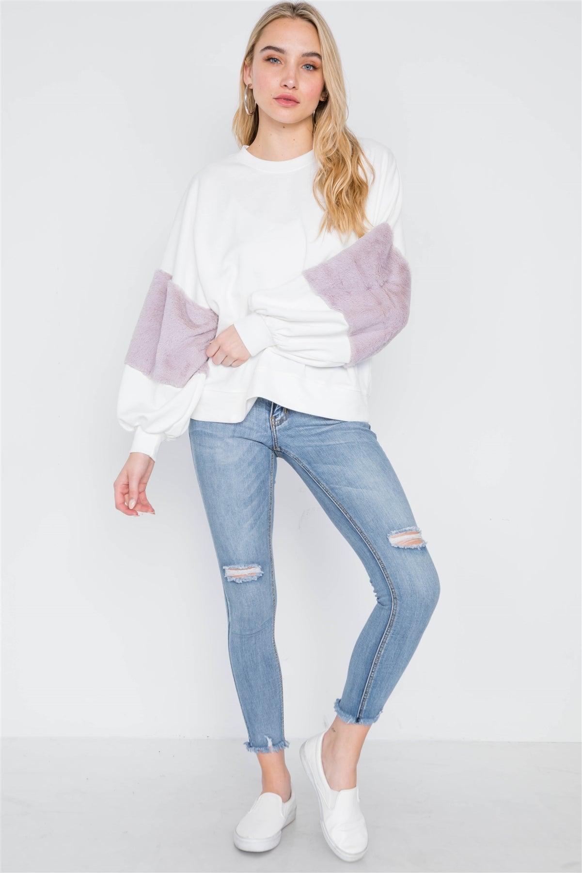 Off White Lavender Faux Fur Pink Sleeves Sweater /2-2-2