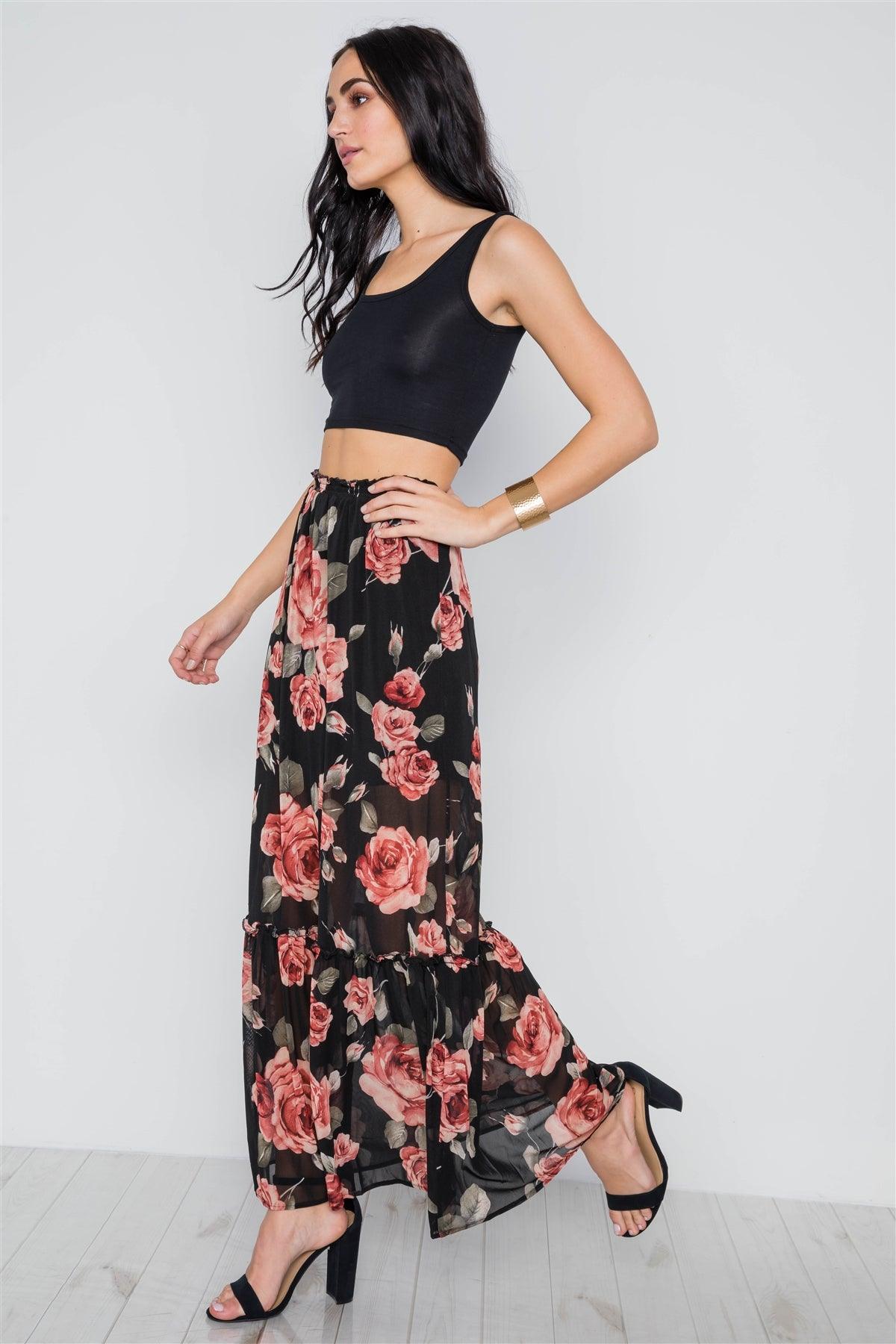 Black Rose Print Mash Maxi Skirt /2-2-2