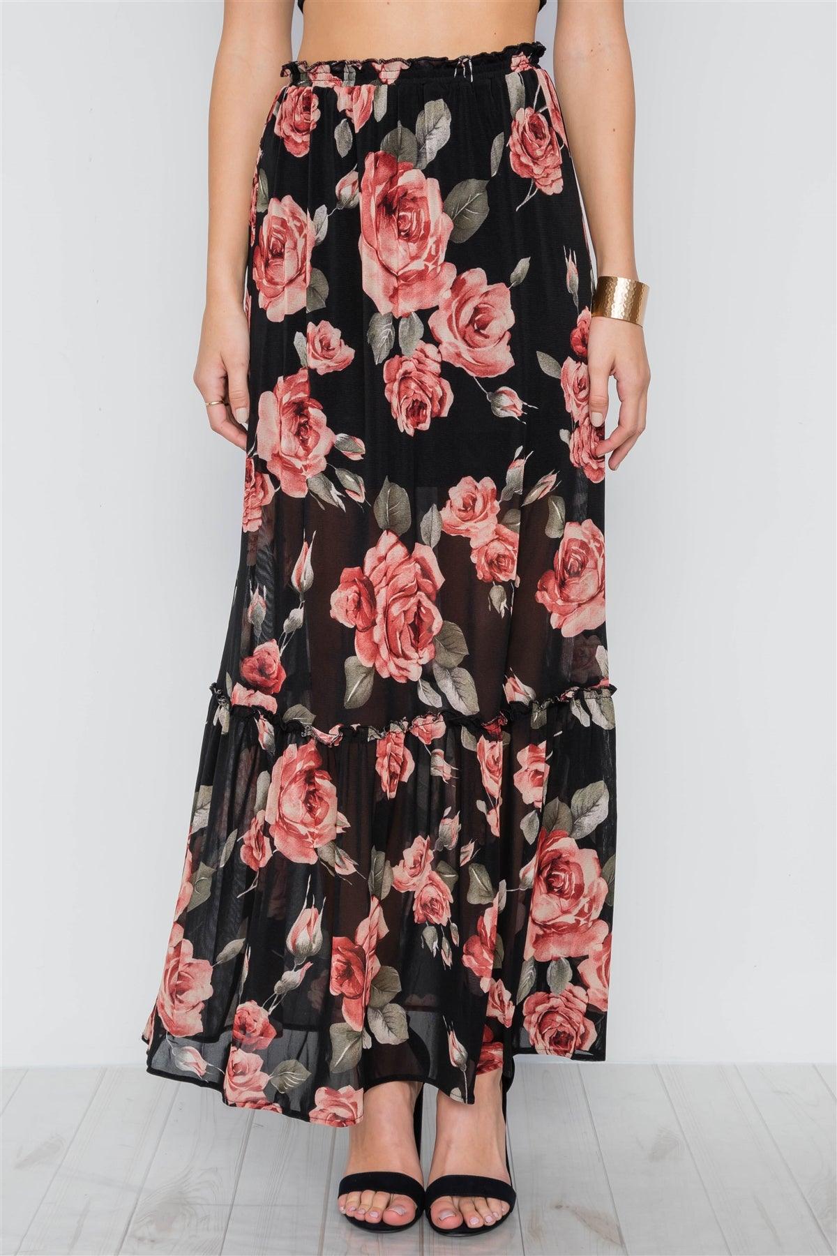 Black Rose Print Mash Maxi Skirt /2-2-2