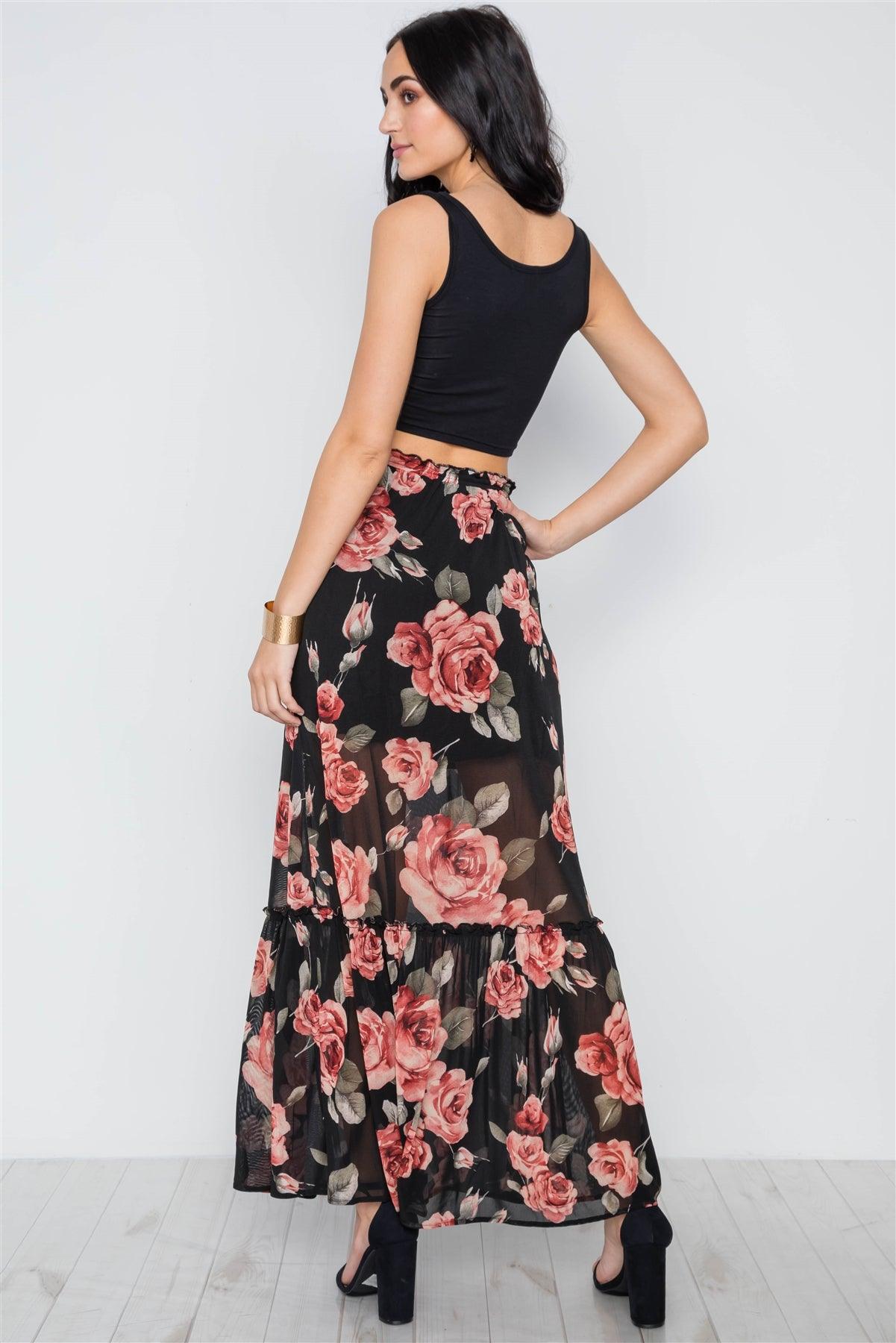 Black Rose Print Mash Maxi Skirt /2-2-2