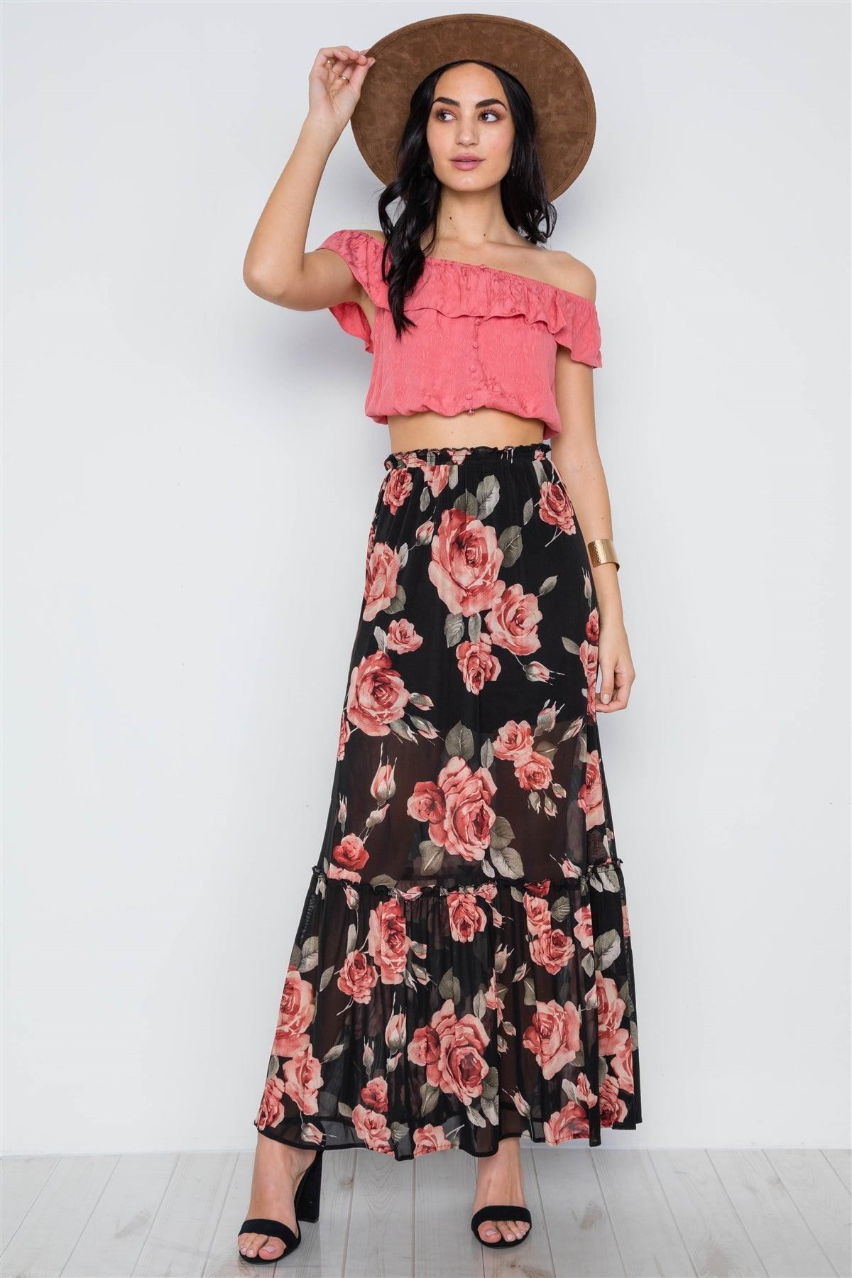 Black Rose Print Mash Maxi Skirt /2-2-2