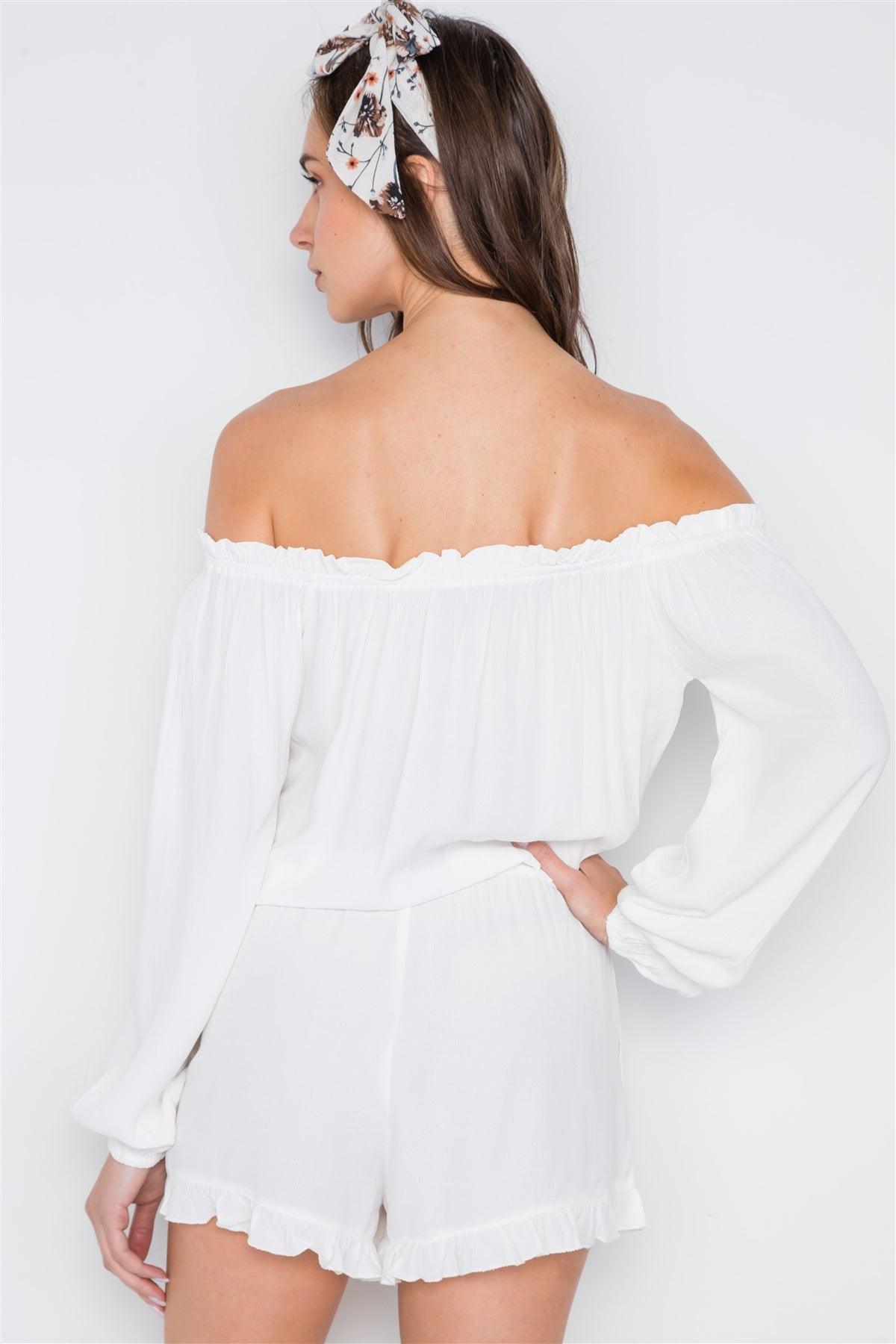 White Off-The-Shoulder Ruffle Long Sleeve Romper /1-1-2