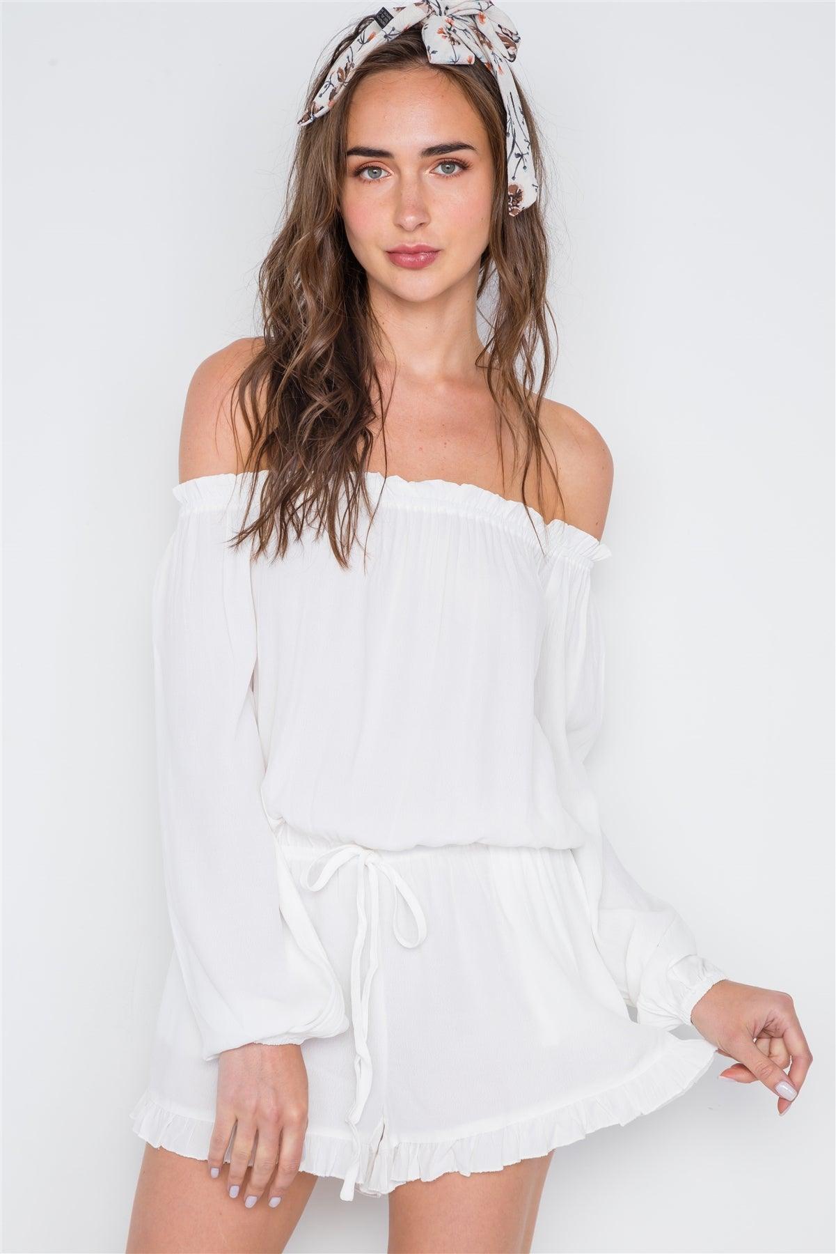 White Off-The-Shoulder Ruffle Long Sleeve Romper /1-1-2