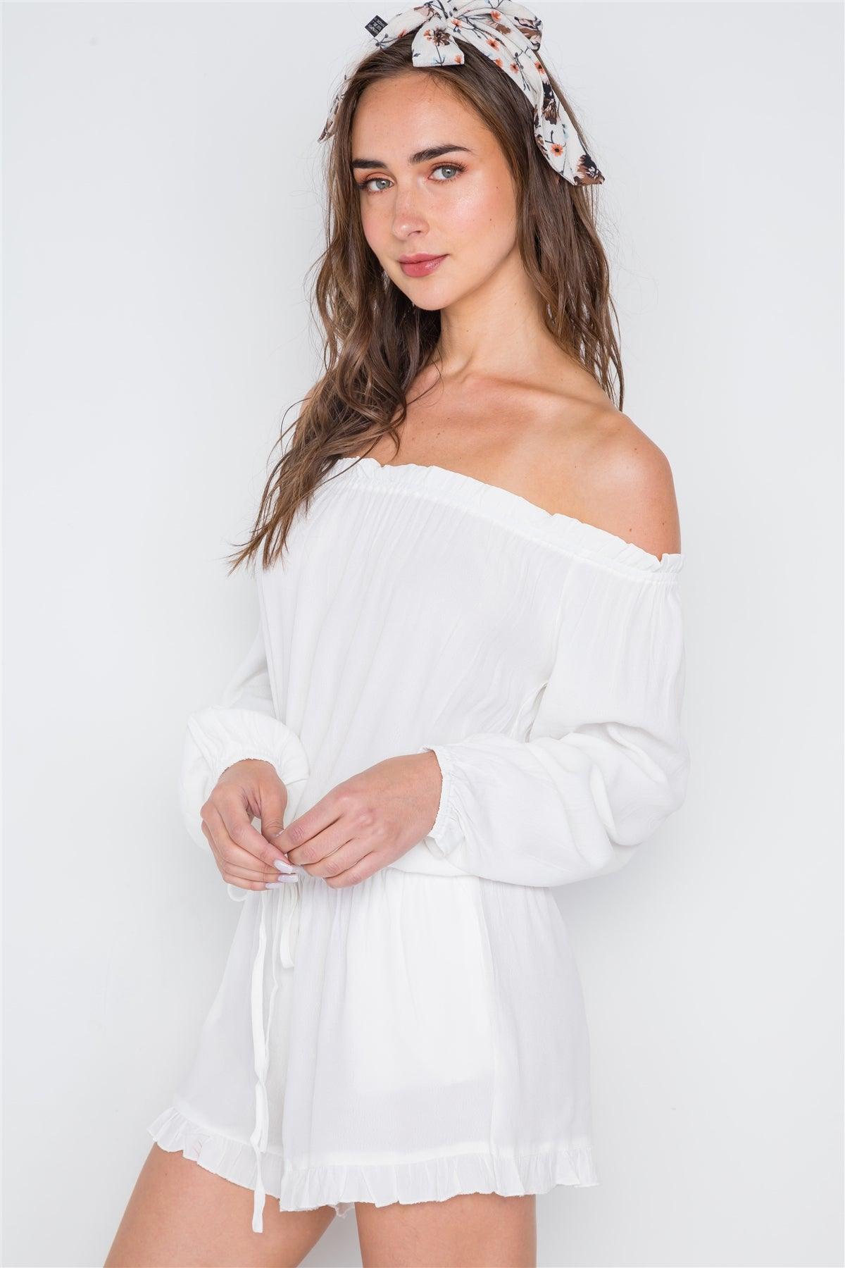 White Off-The-Shoulder Ruffle Long Sleeve Romper /2-2-2