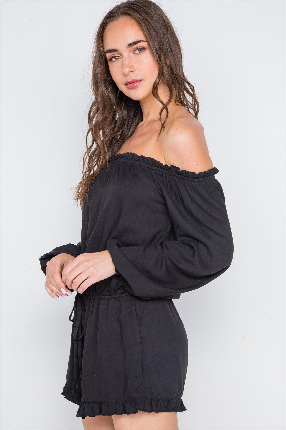 Black Off-The-Shoulder Ruffle Long Sleeve Romper /2-2