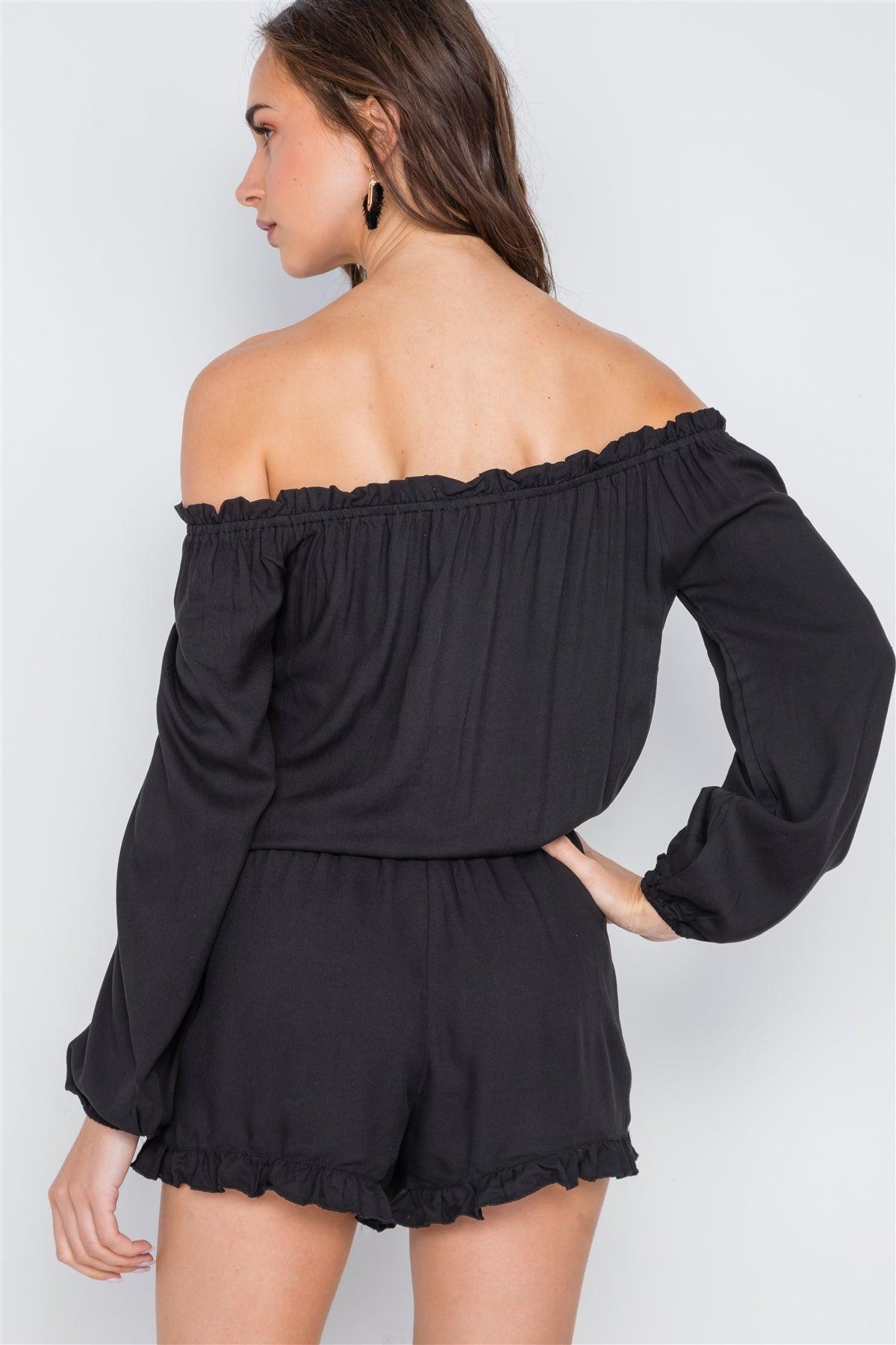 Black Off-The-Shoulder Ruffle Long Sleeve Romper /2-2