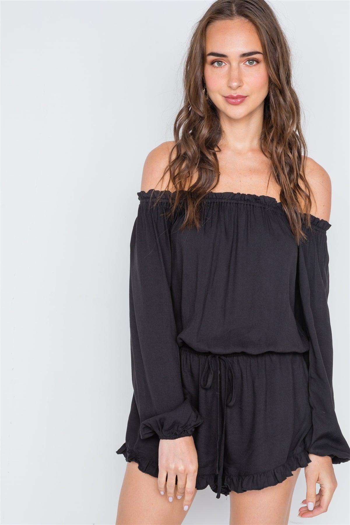 Black Off-The-Shoulder Ruffle Long Sleeve Romper /2-2