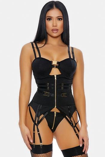 Black Velours Gold Buckle Strappy Two Piece Lingerie /2-2-2