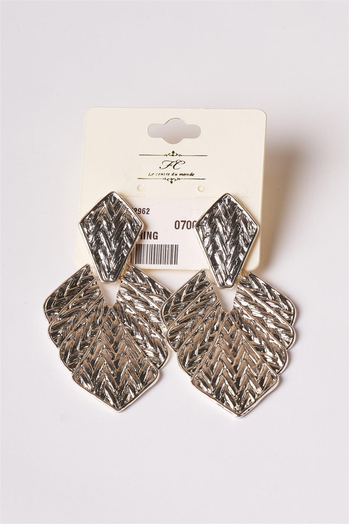 Silver Metallic Structured Leaf Drop Earrings /3 Pairs