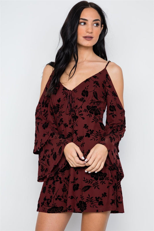 Wine Burnout Velvet Cold Shoulder Tiered Bell Sleeve Mini Dress /3-2-1