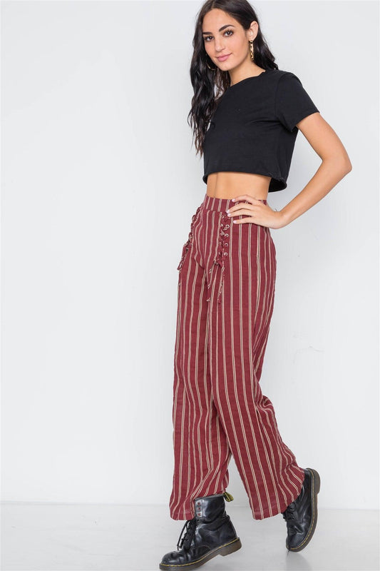 Wine Stripe Lace-Up Wide-Leg Pants / 3-2-1