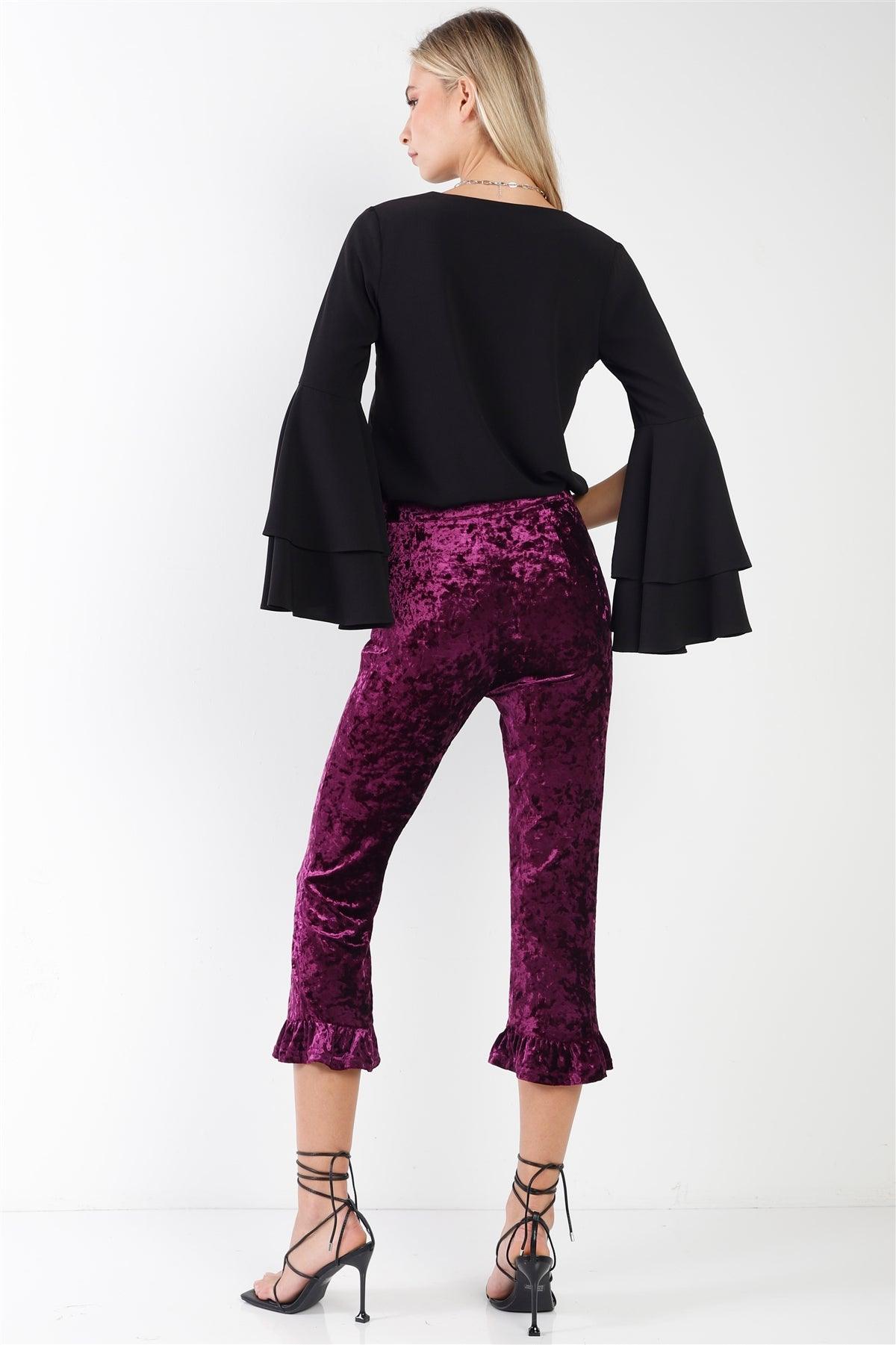 Purple Velvet Ruffle Hem Detail Capri Pants /1-2-2-1